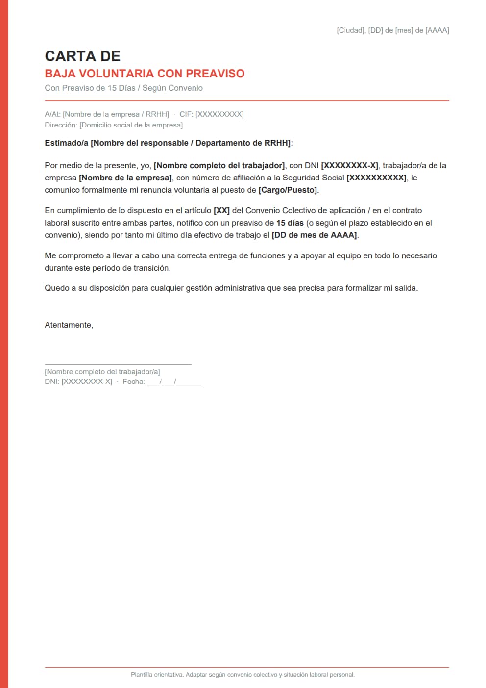 Carta de baja voluntaria con preaviso 15 días estilo minimalista líneas limpias