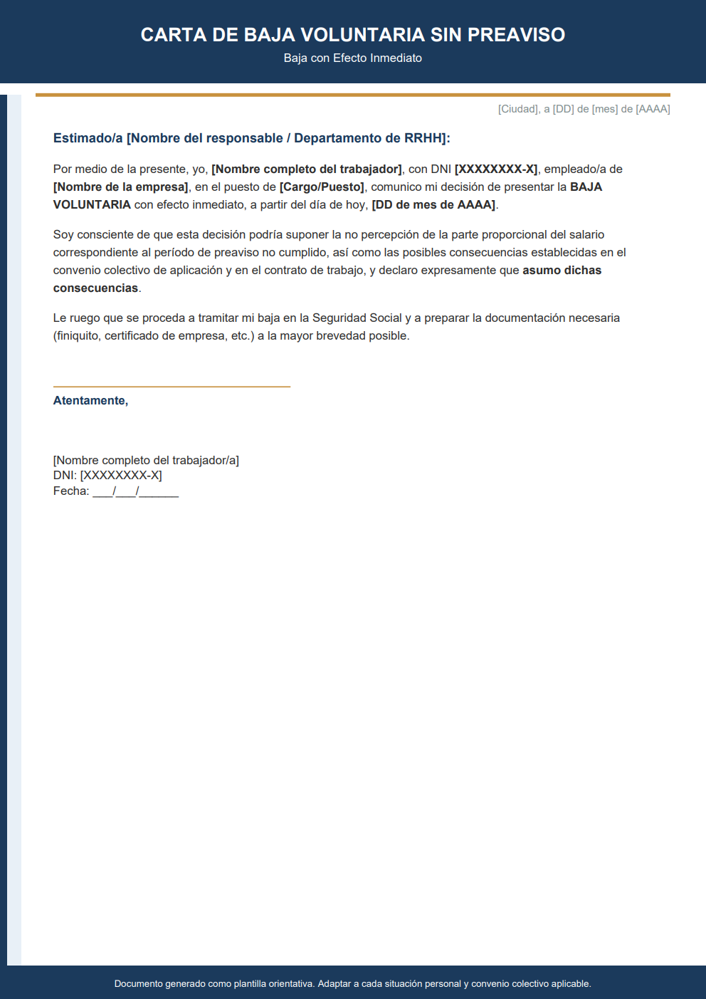 Carta de baja voluntaria sin preaviso efecto inmediato estilo corporativo azul marino