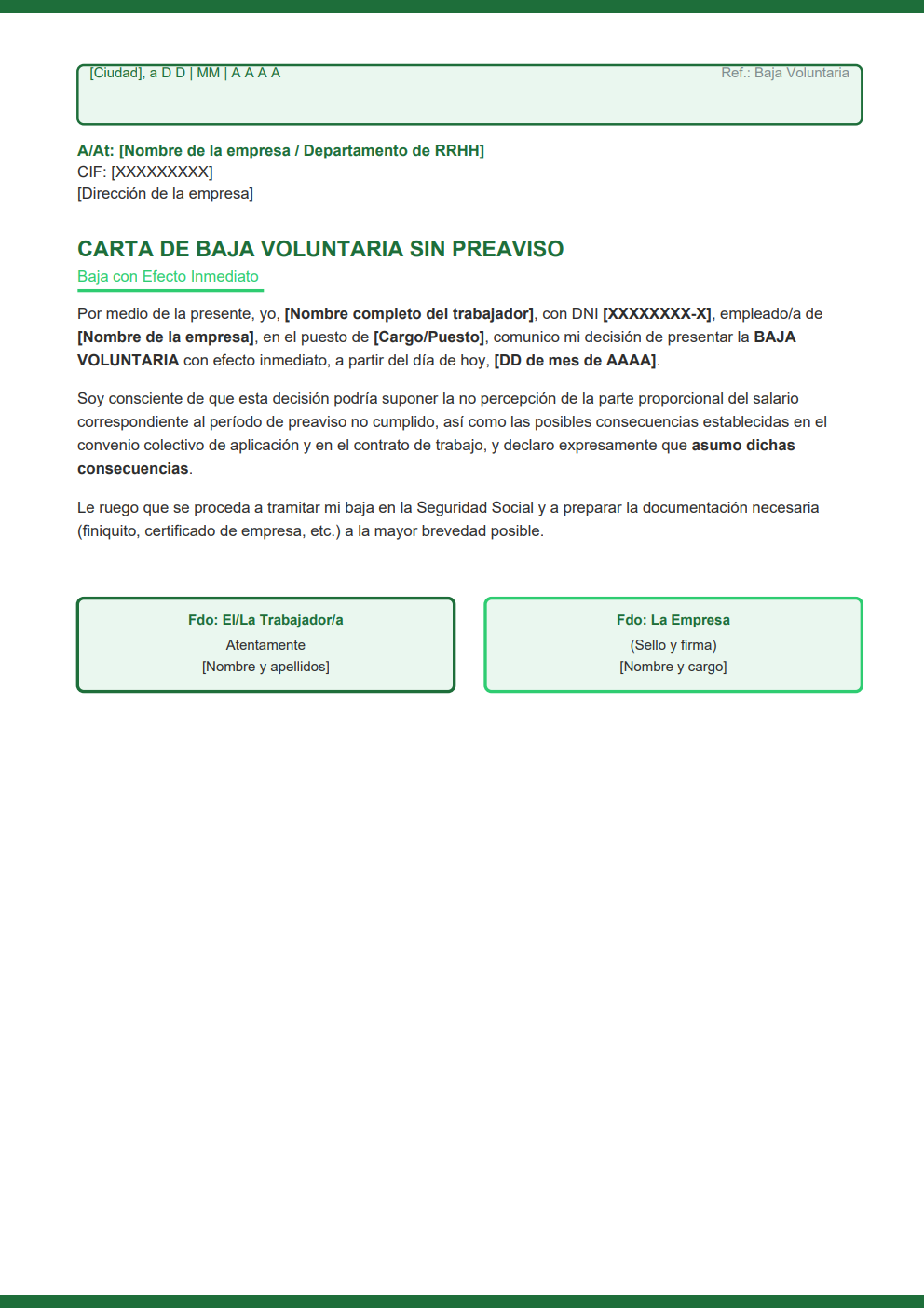 Carta de baja voluntaria inmediata sin preaviso diseño moderno verde firma dual