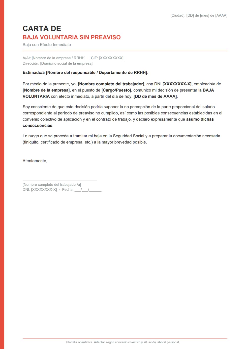 Carta de baja voluntaria sin preaviso efecto inmediato diseño minimalista conciso