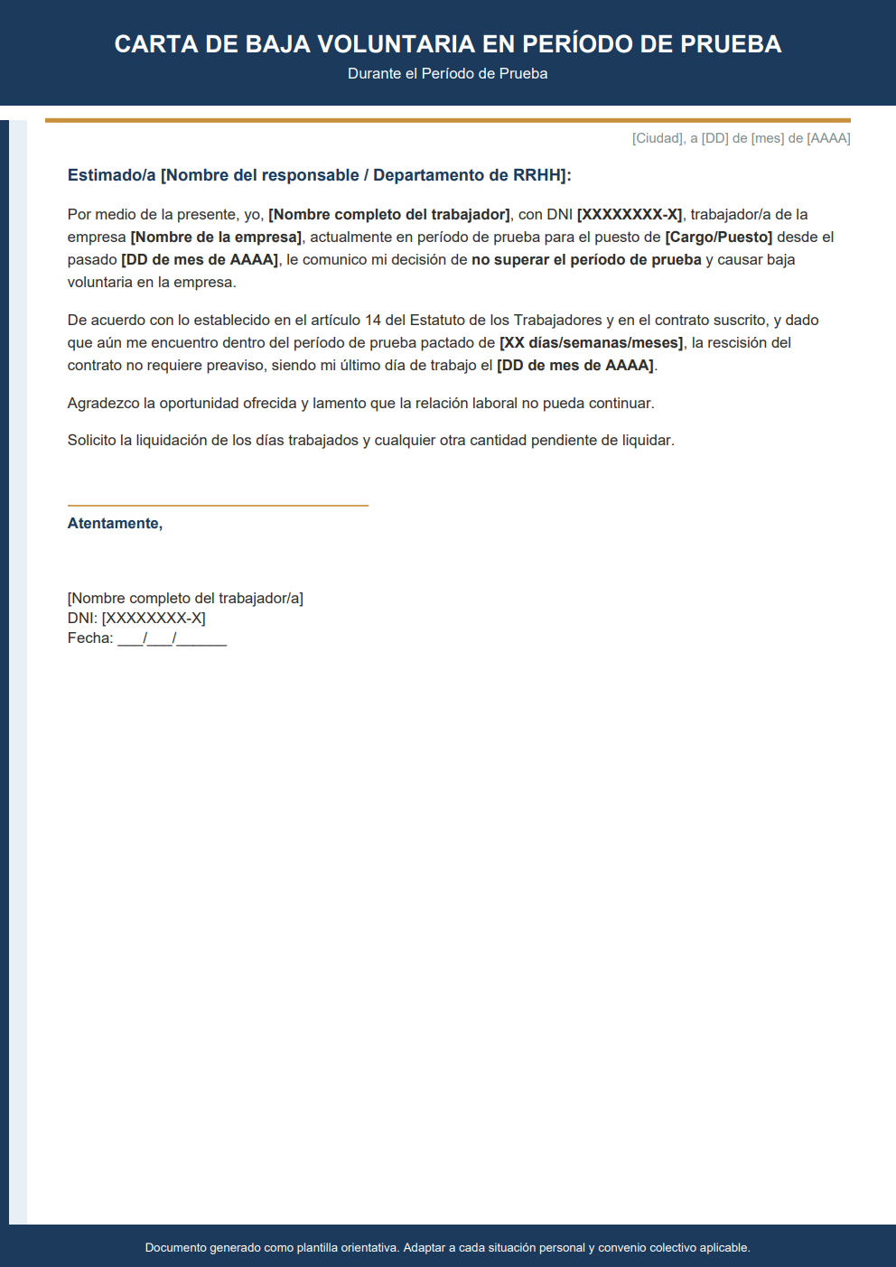 Carta de baja voluntaria durante el período de prueba estilo corporativo formal