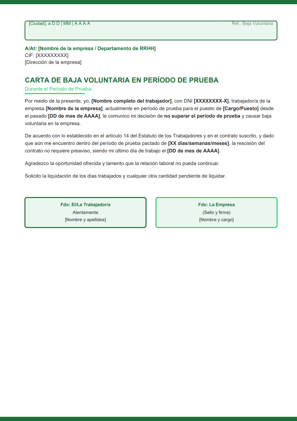 Carta de baja voluntaria en periodo de prueba diseño moderno verde