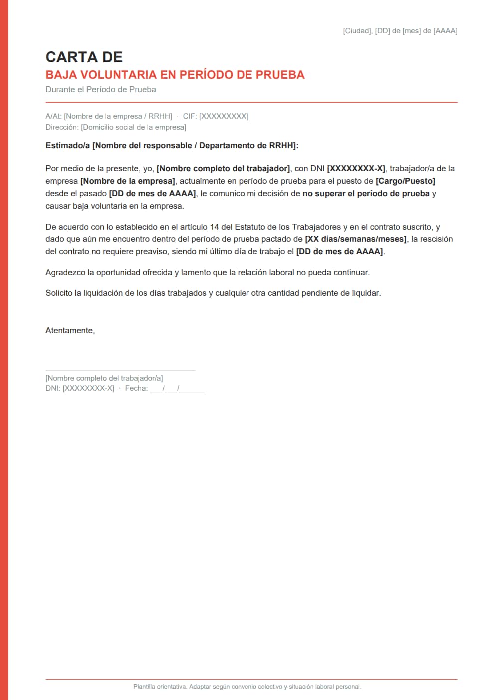 Carta de baja voluntaria periodo de prueba minimalista breve sin preaviso