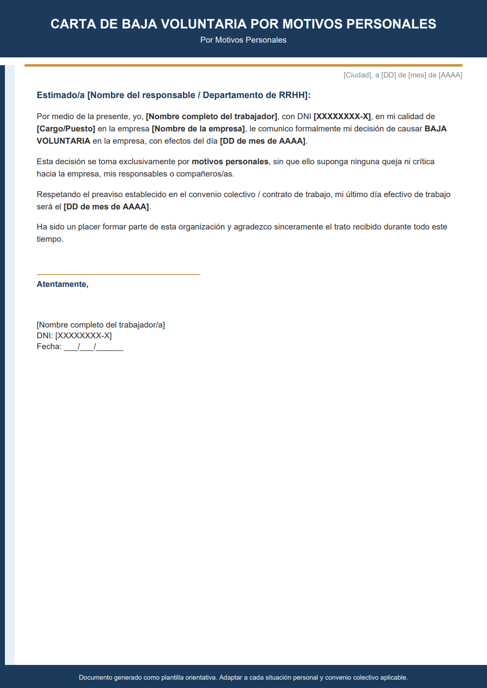Carta de baja voluntaria por motivos personales estilo corporativo discreto profesional
