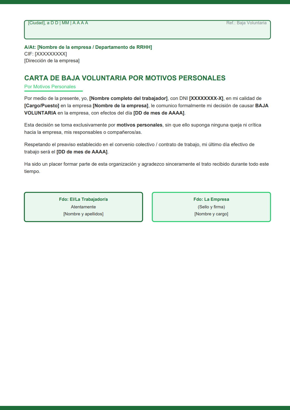 Carta de baja voluntaria razones personales diseño moderno verde recuadros