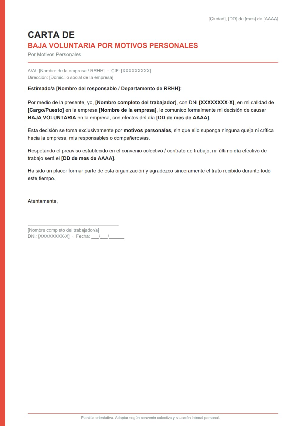 Carta de baja voluntaria por razones personales estilo minimalista elegante