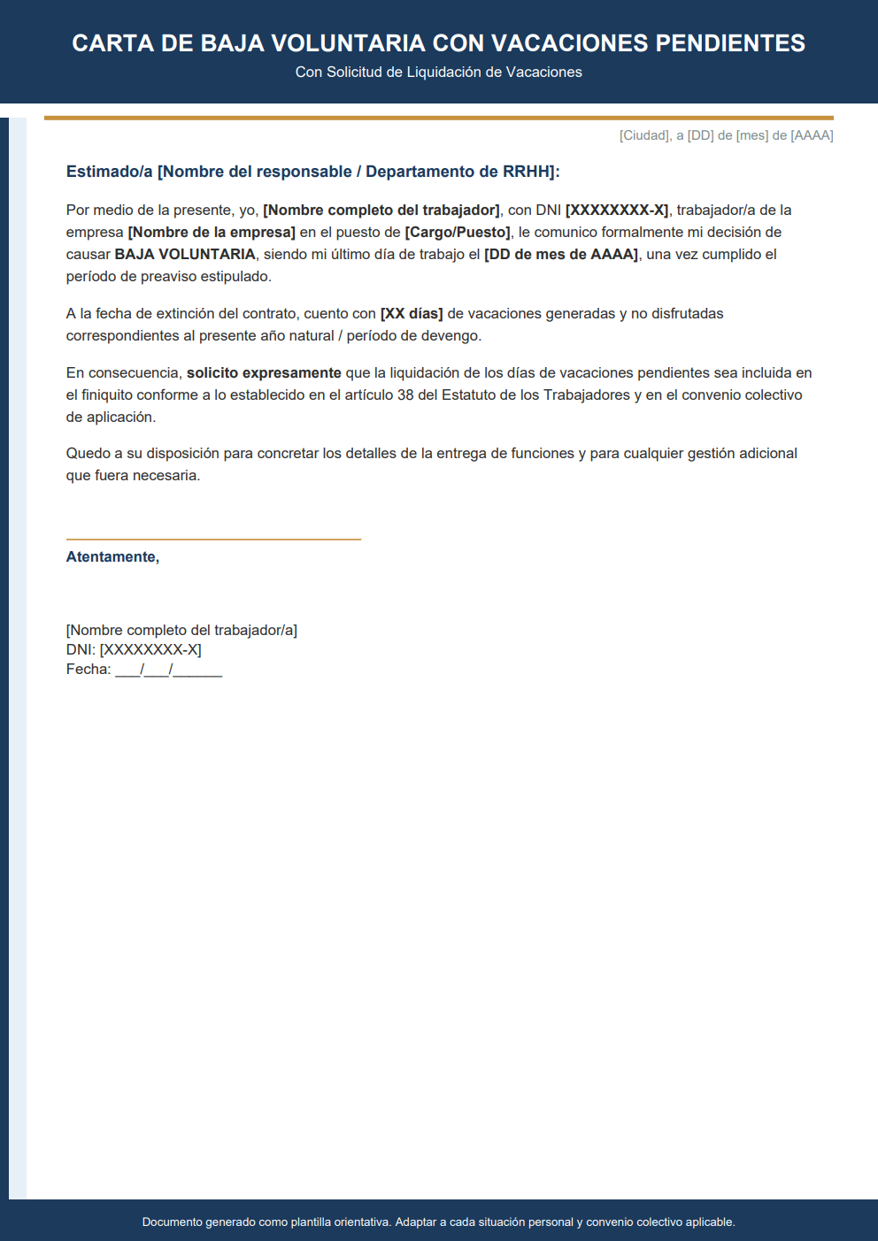 Carta de baja voluntaria con vacaciones no disfrutadas pendientes estilo corporativo