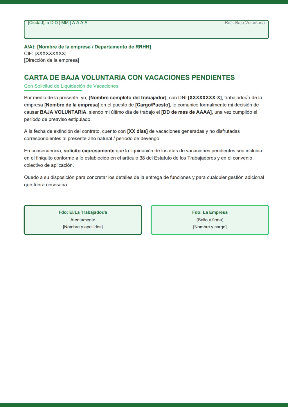 Carta de baja voluntaria con vacaciones no disfrutadas diseño moderno verde