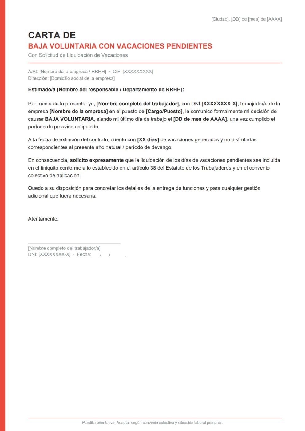 Carta de baja voluntaria vacaciones pendientes minimalista campo días editable