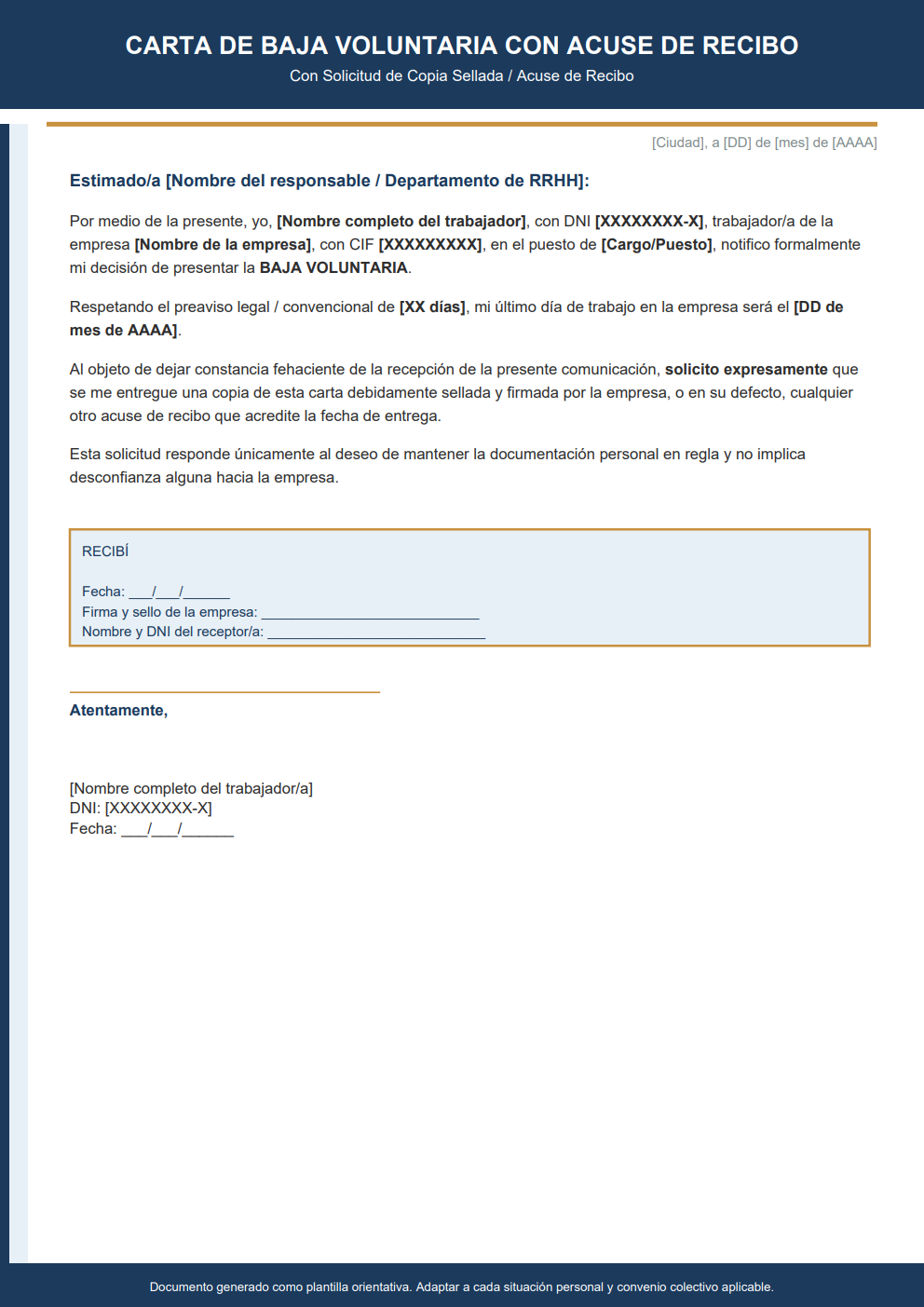 Carta de baja voluntaria con acuse de recibo copia sellada estilo corporativo azul