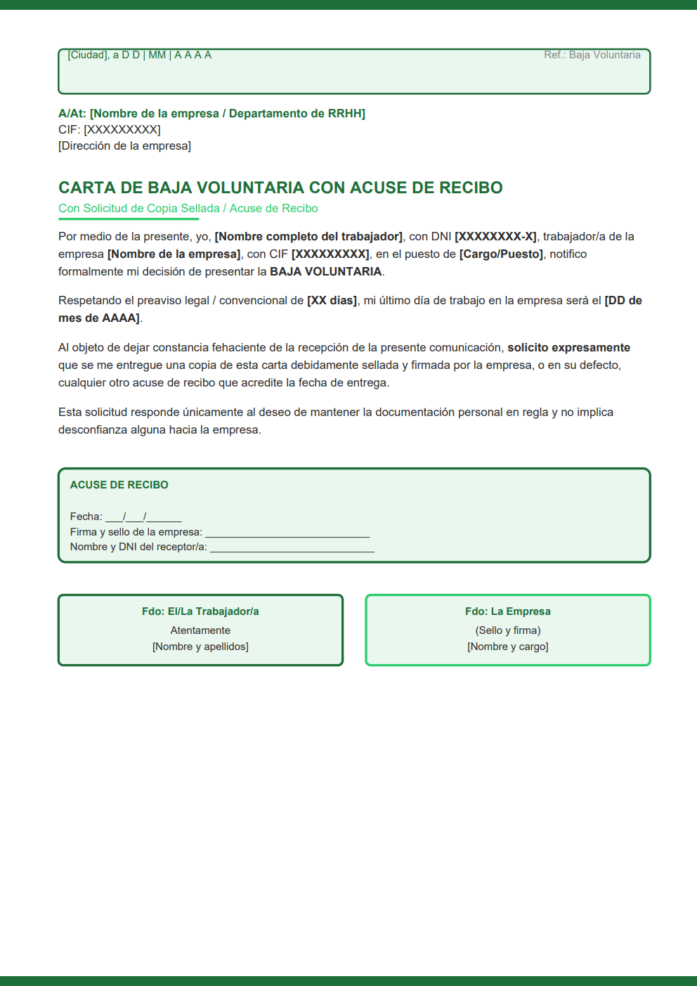 Carta de baja voluntaria con copia sellada recibí diseño moderno verde recuadro