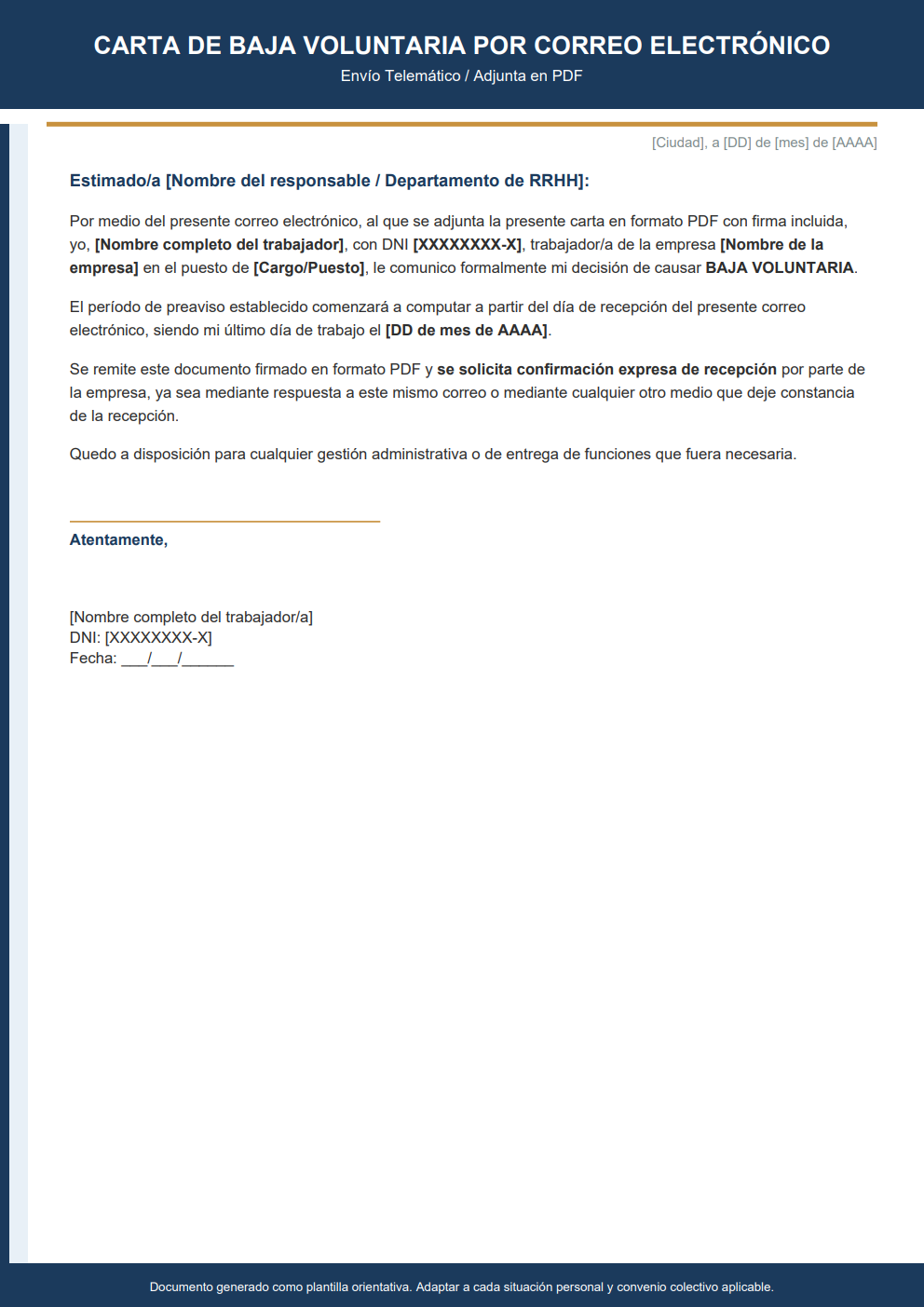 Carta de baja voluntaria para enviar por email PDF adjunto estilo corporativo azul