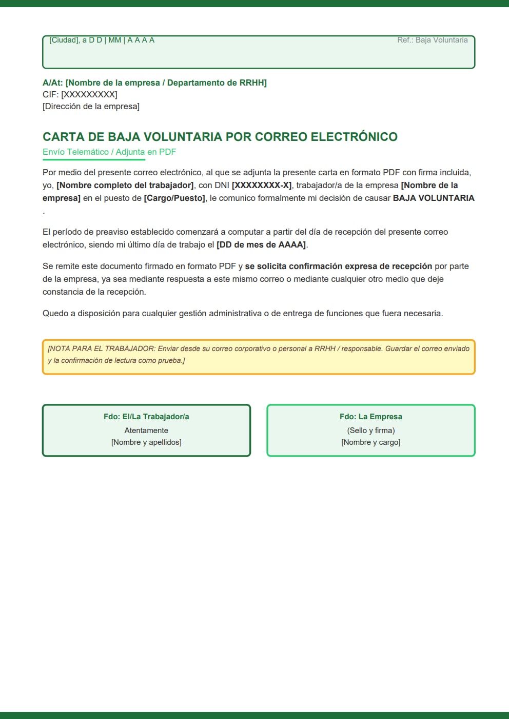 Carta de baja voluntaria envío por correo electrónico teletrabajo diseño moderno verde