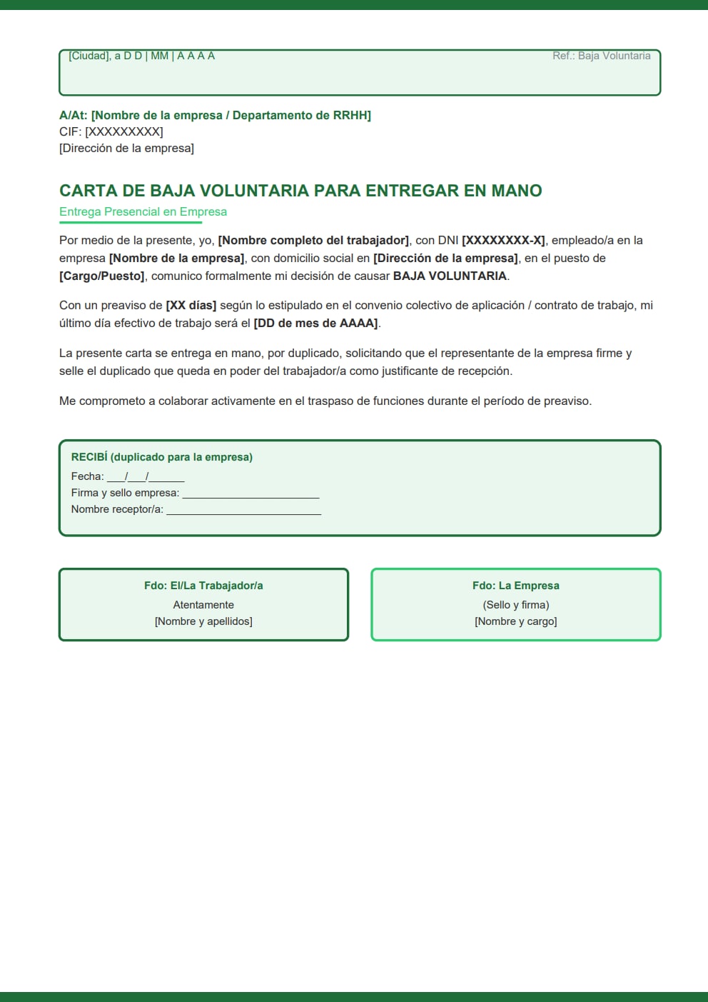 Carta de baja voluntaria entrega presencial diseño moderno verde duplicado recibí