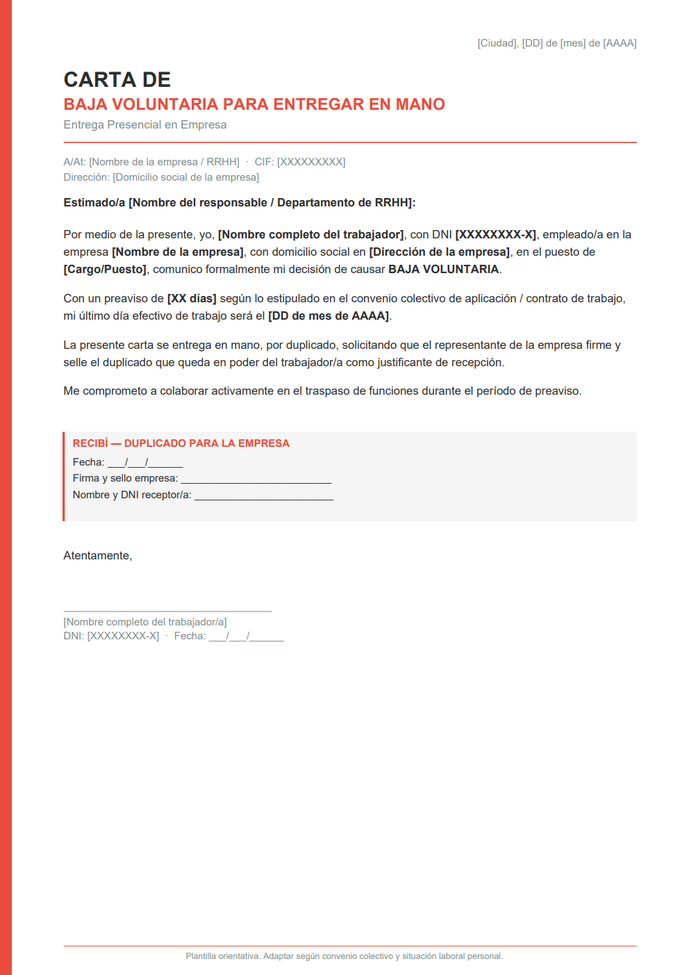 Carta de baja voluntaria entregar en mano minimalista duplicado RECIBÍ fecha firma DNI
