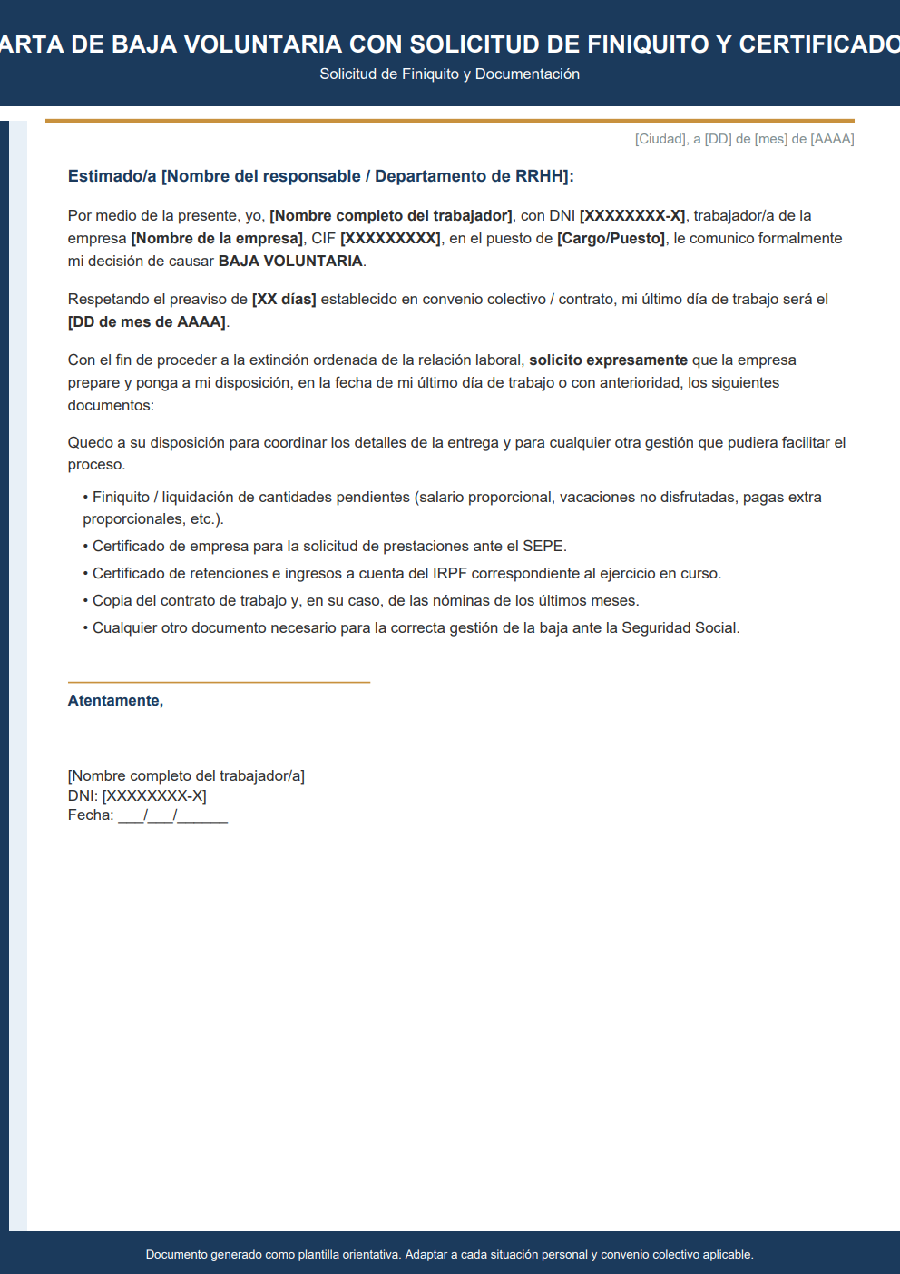 Carta de baja voluntaria con solicitud de finiquito y certificado empresa SEPE estilo corporativo