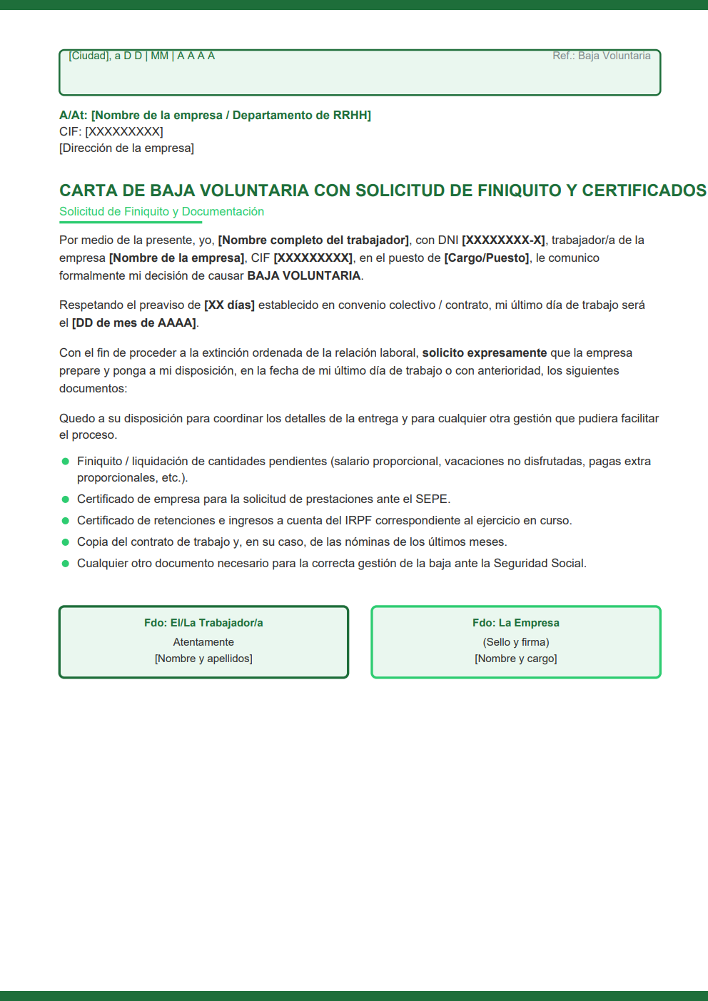 Carta de baja voluntaria solicitar finiquito liquidación certificado SEPE IRPF diseño moderno