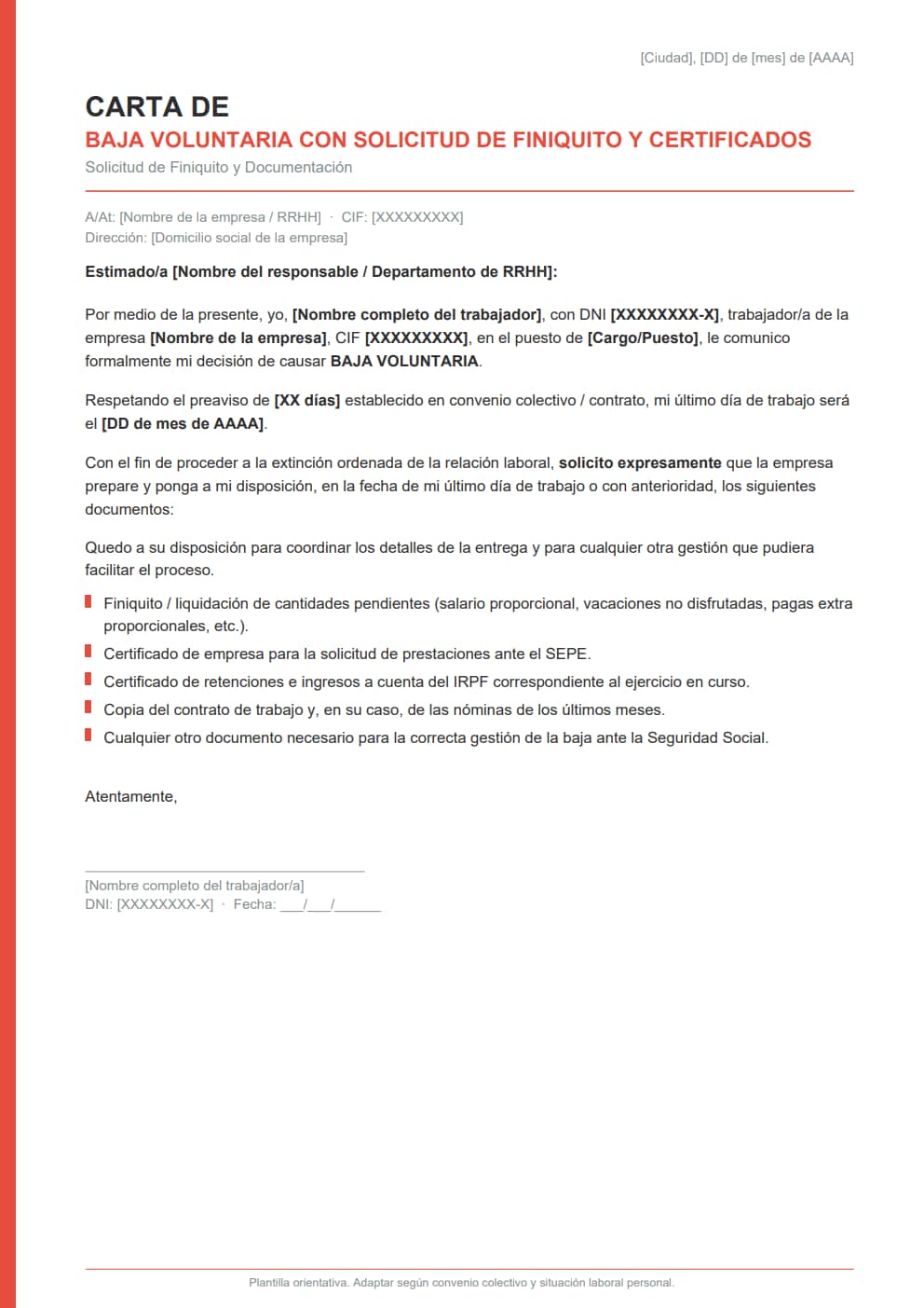 Carta de baja voluntaria con finiquito liquidación y certificados de empresa estilo minimalista