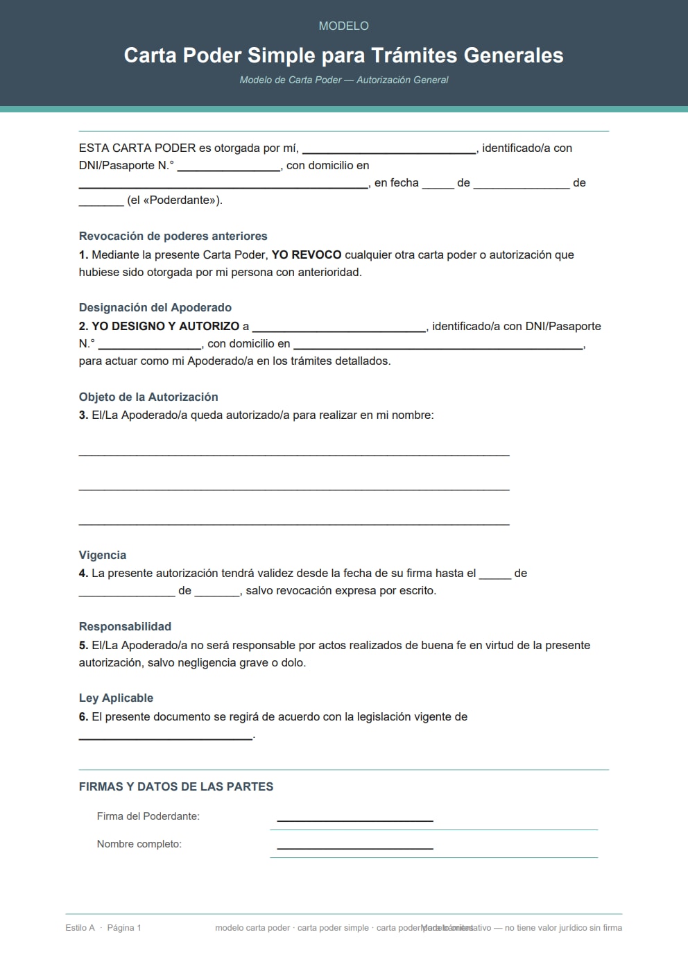 Modelo carta poder simple para trámites — diseño moderno azul verdoso