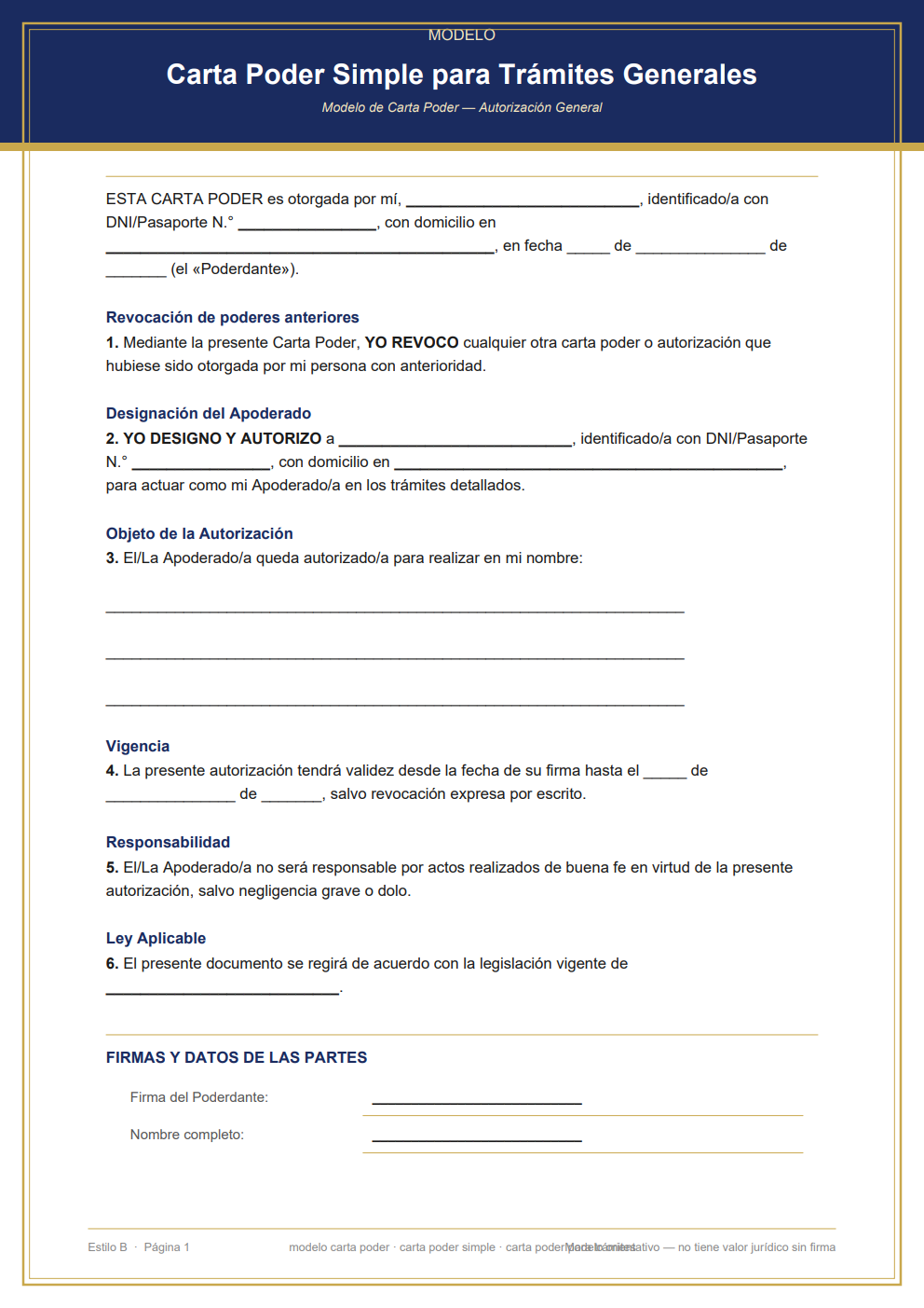 Modelo carta poder simple para trámites — diseño clásico azul marino y dorado