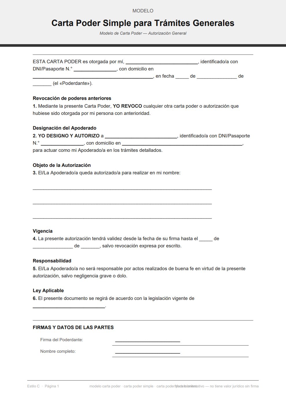 Modelo carta poder simple para trámites — diseño minimalista blanco y negro
