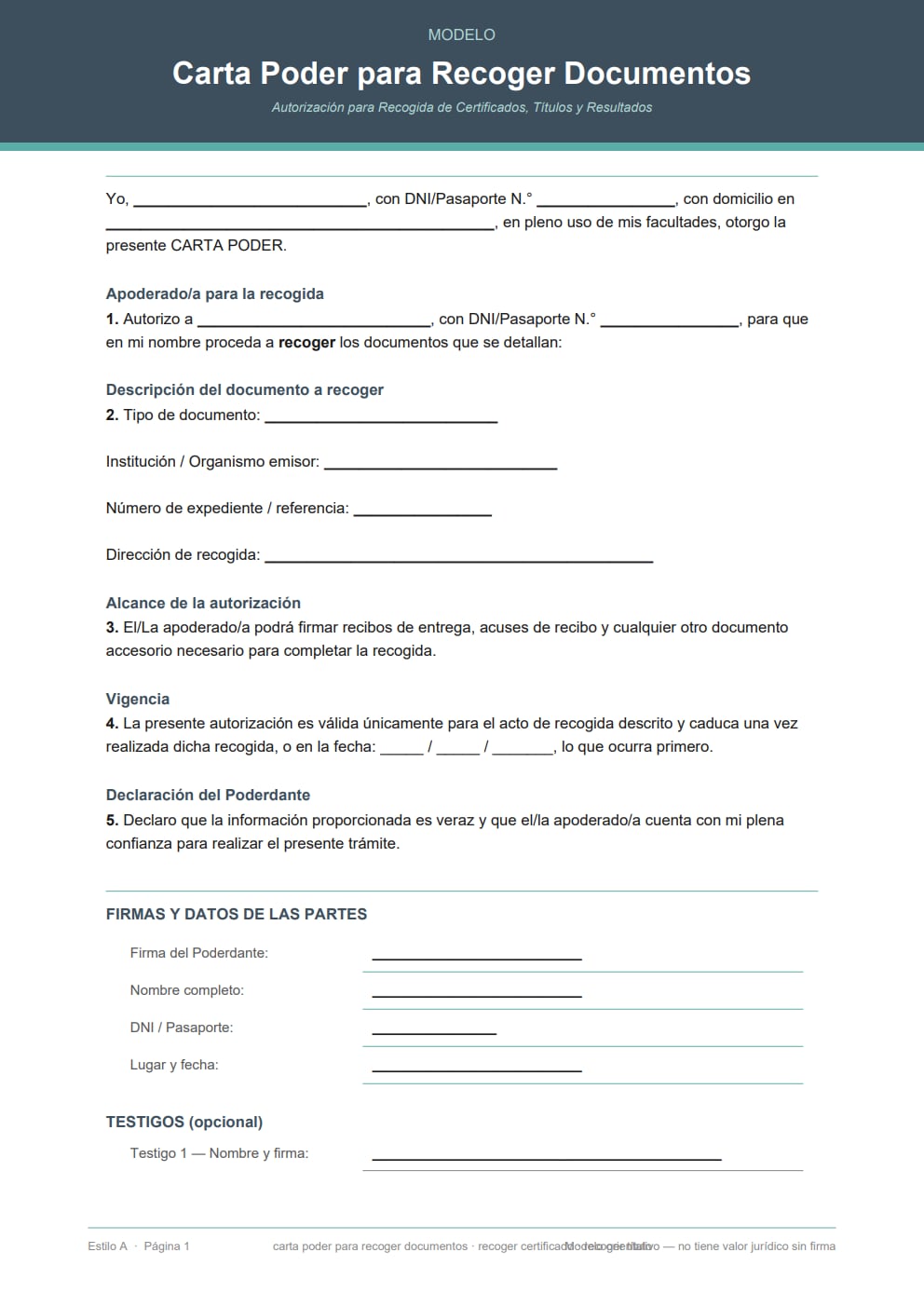 Carta poder para recoger certificado o título — diseño moderno