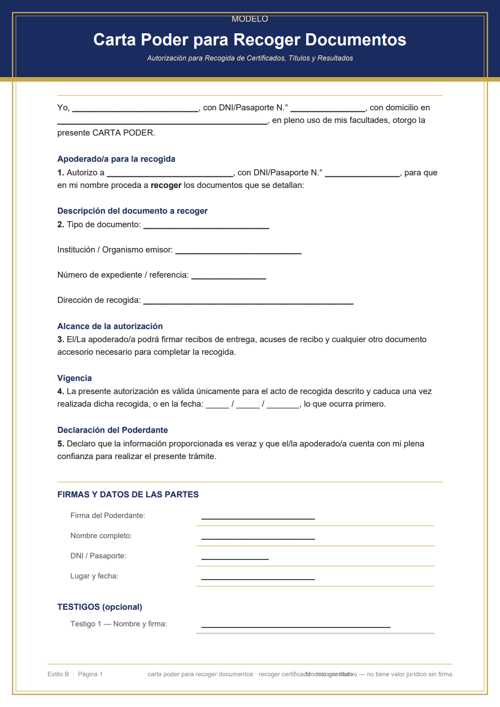Carta poder para recoger certificado o título — diseño clásico con borde dorado
