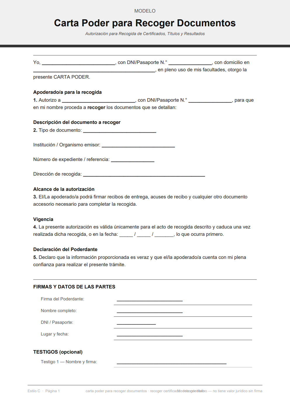 Carta poder para recoger certificado o título — diseño minimalista