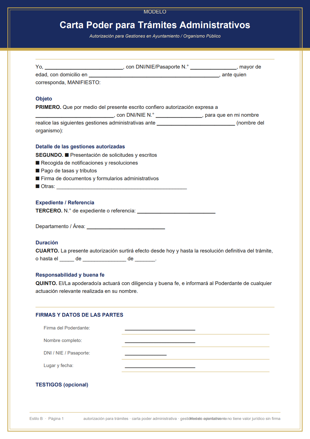 Autorización para trámites administrativos en ayuntamiento — diseño clásico azul marino