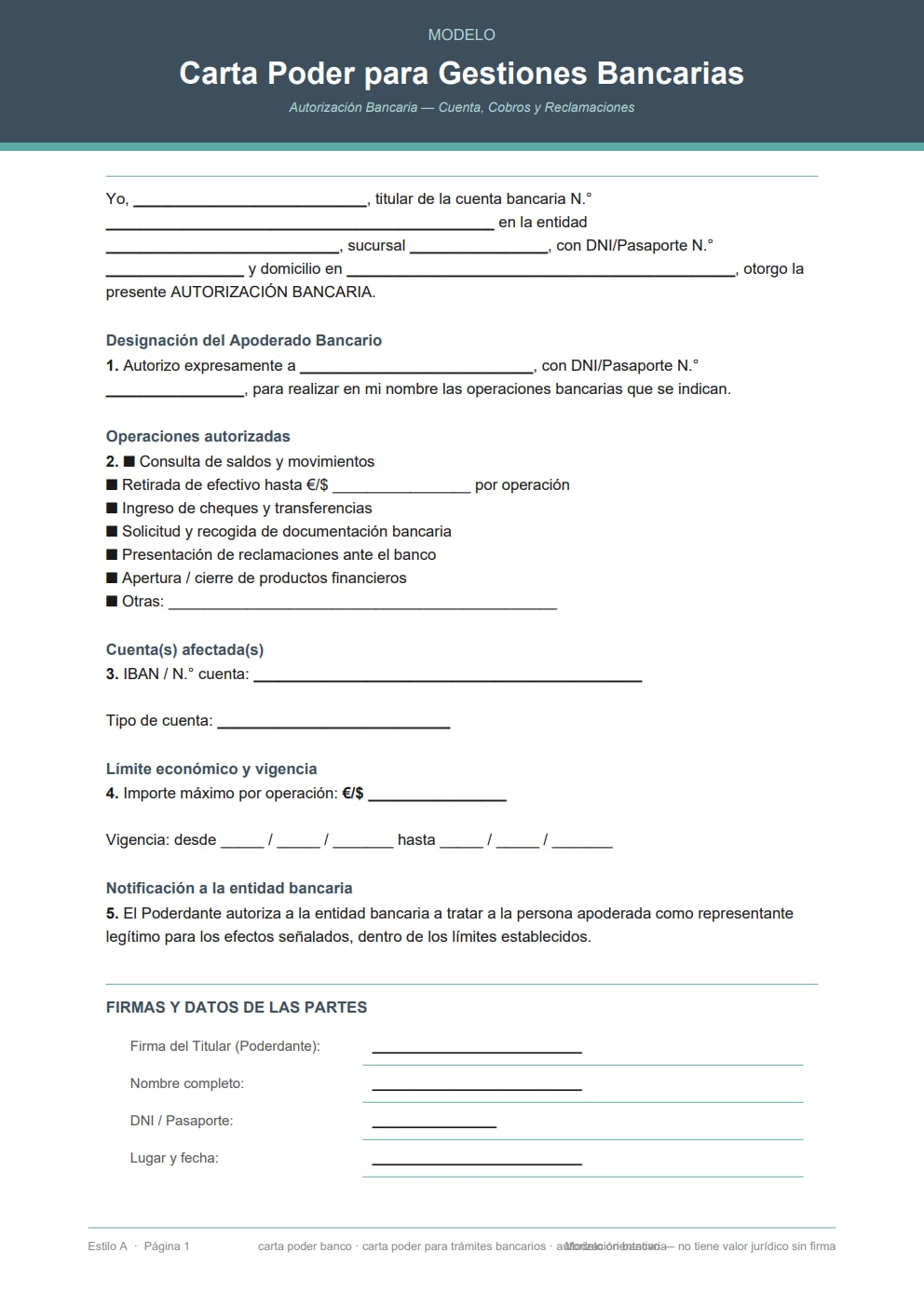 Carta poder banco con casillas de operaciones y límite económico — diseño moderno