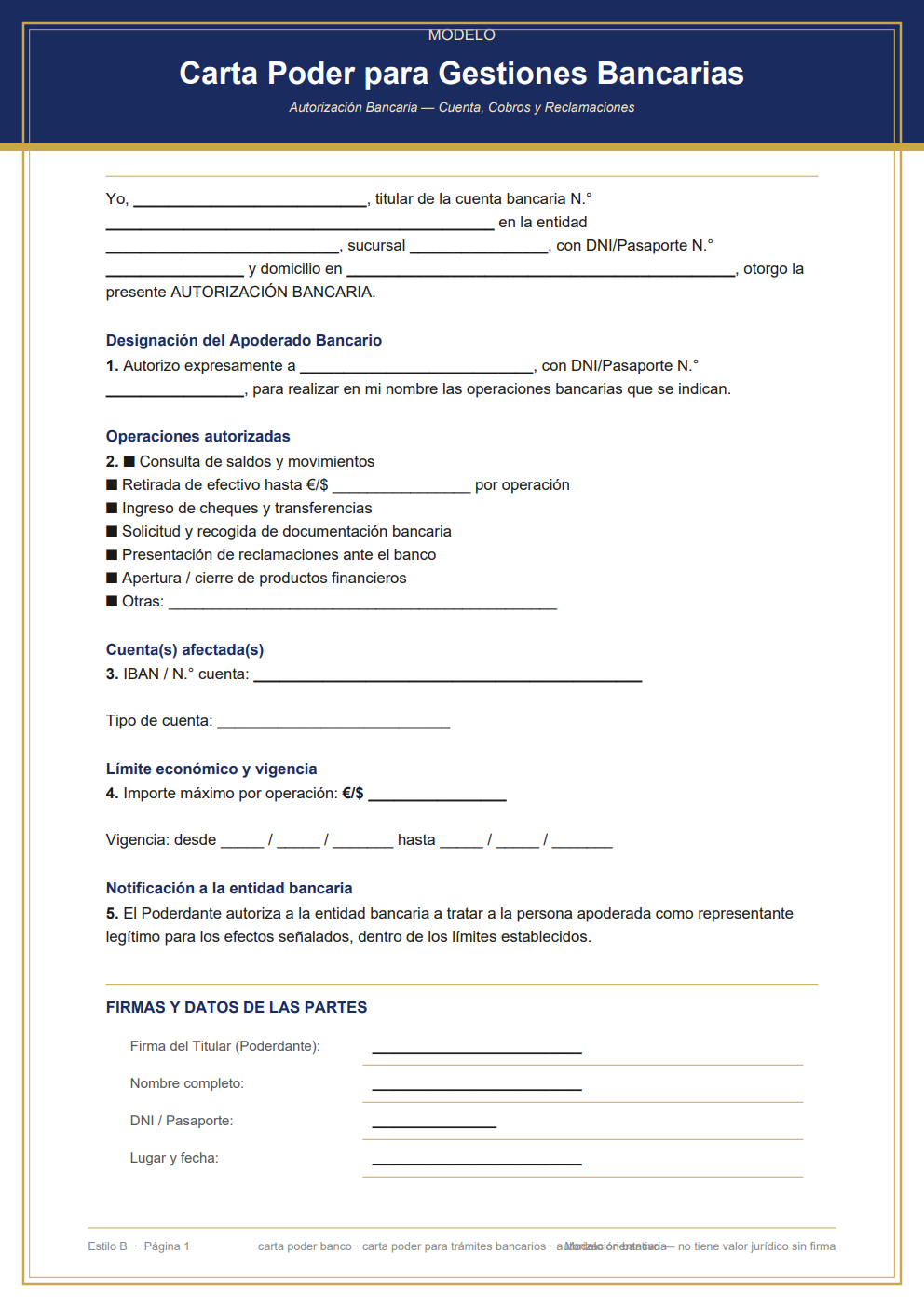Carta poder banco con IBAN y bloque notarial — diseño clásico azul marino y dorado