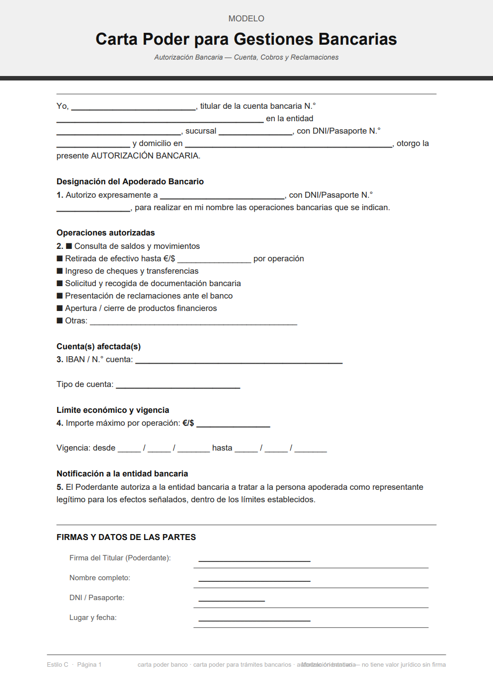 Autorización bancaria con límite de operaciones y vigencia — diseño minimalista