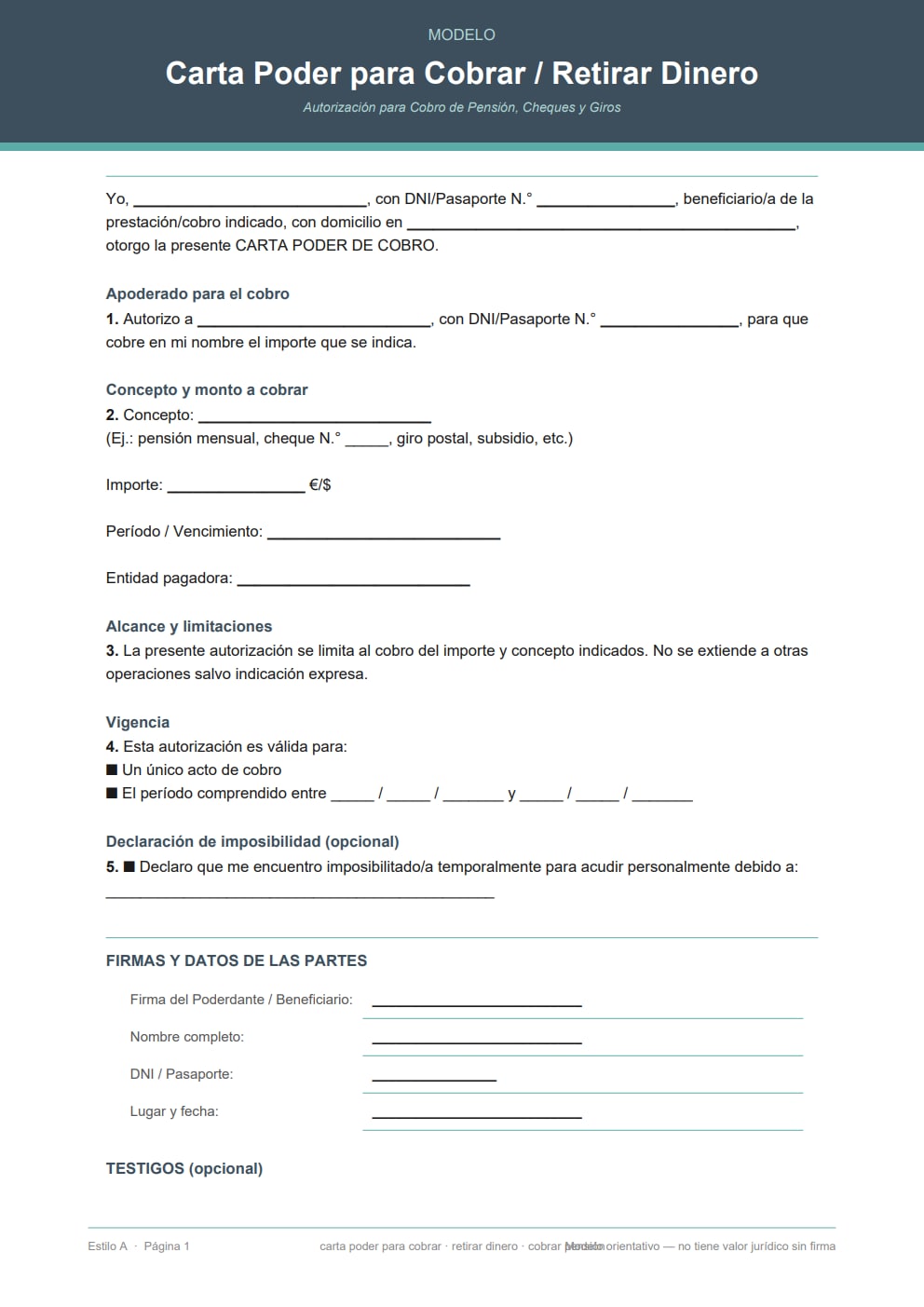 Carta poder para cobrar pensión, cheque o giro postal — diseño moderno