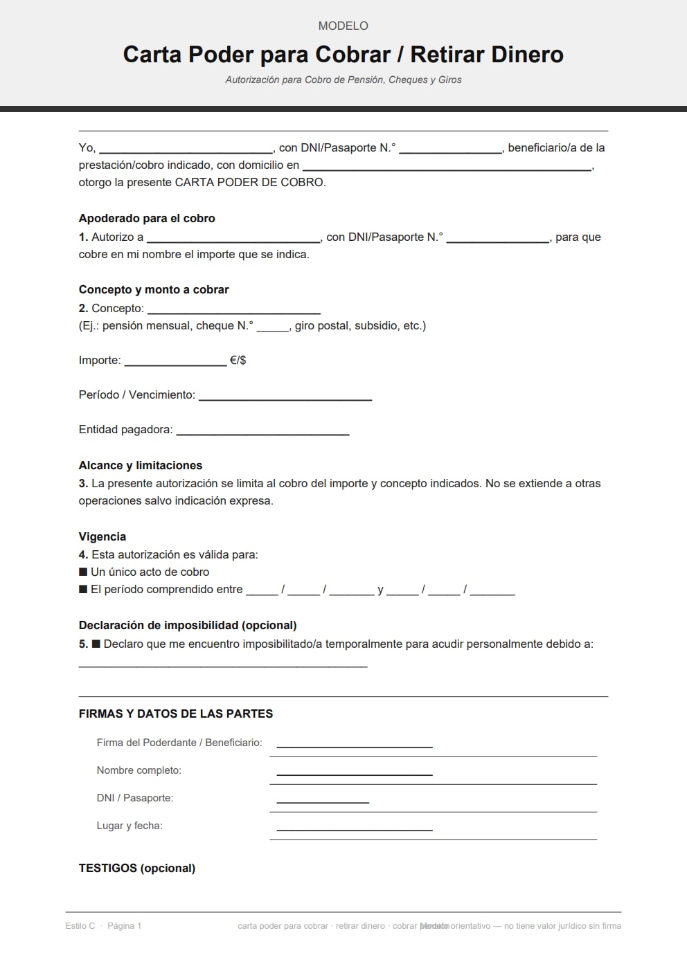 Carta poder para cobrar pensión o retirar dinero con declaración de impedimento — diseño minimalista