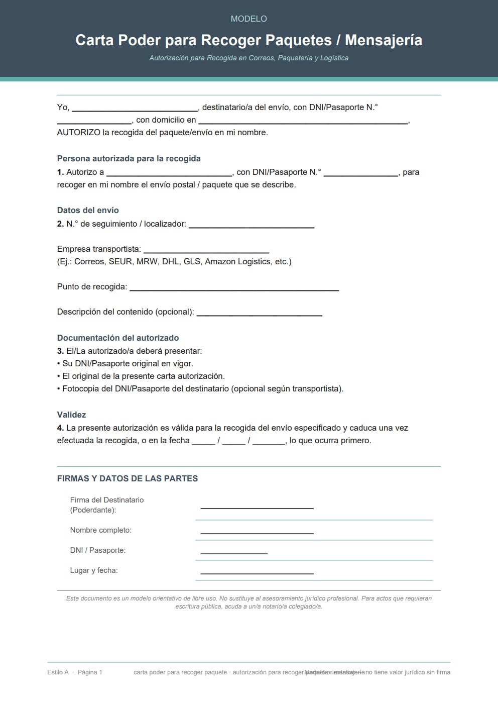 Carta poder para recoger paquete en Correos o mensajería con número de seguimiento — diseño moderno