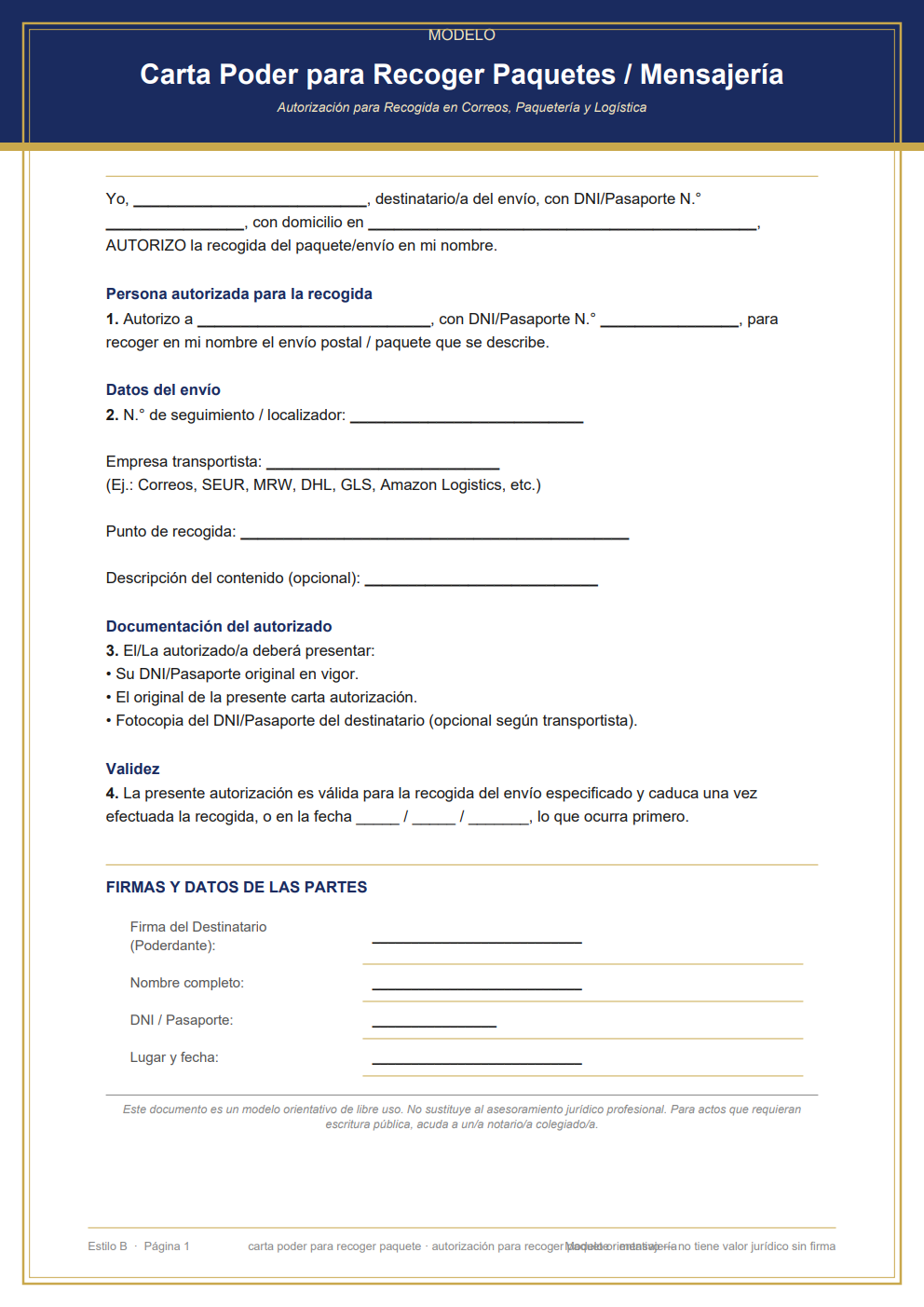 Autorización para recoger paquete con localizador de envío — diseño clásico