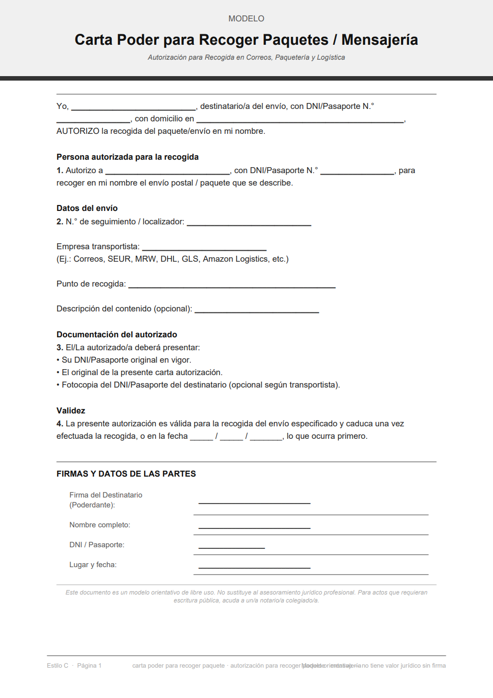 Autorización para recoger paquete de mensajería, imprimible desde el móvil — diseño minimalista