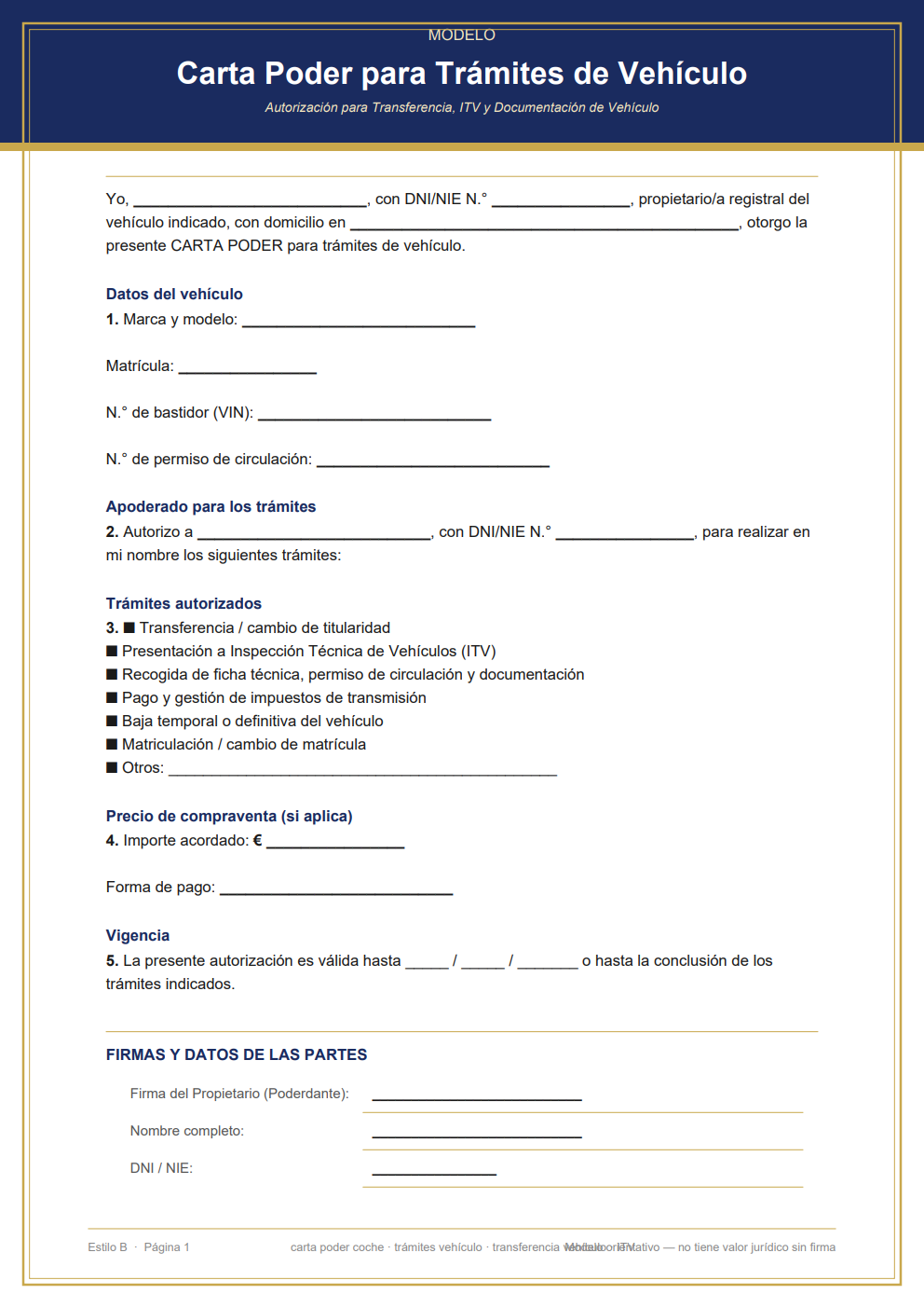 Carta poder para trámites de coche con datos de matrícula y bastidor — diseño clásico