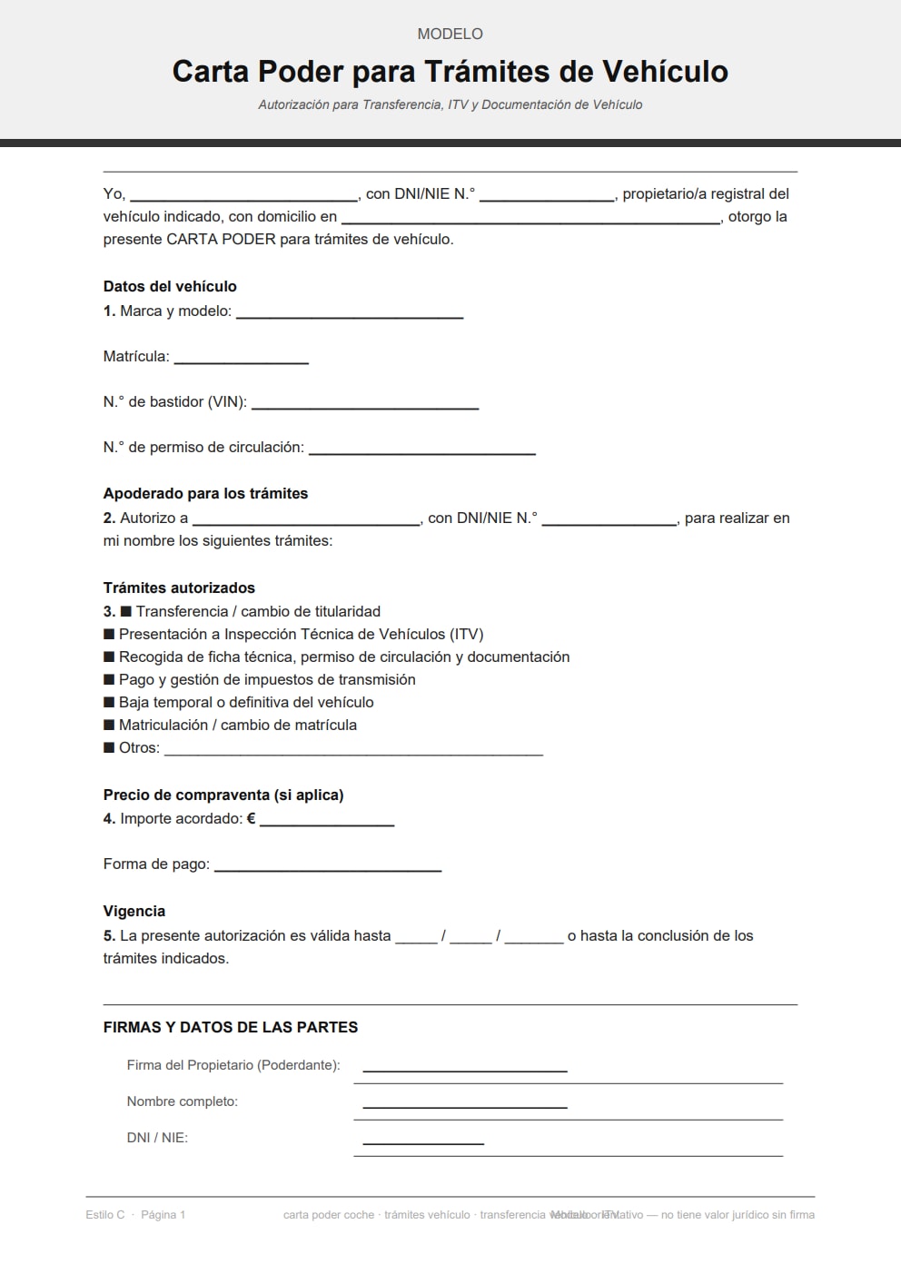 Autorización para trámites de vehículo con sección de precio y notaría — diseño minimalista