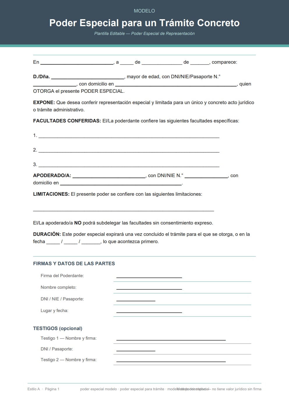 Modelo de poder especial editable con facultades precisas y cláusula de no subdelegación — diseño moderno