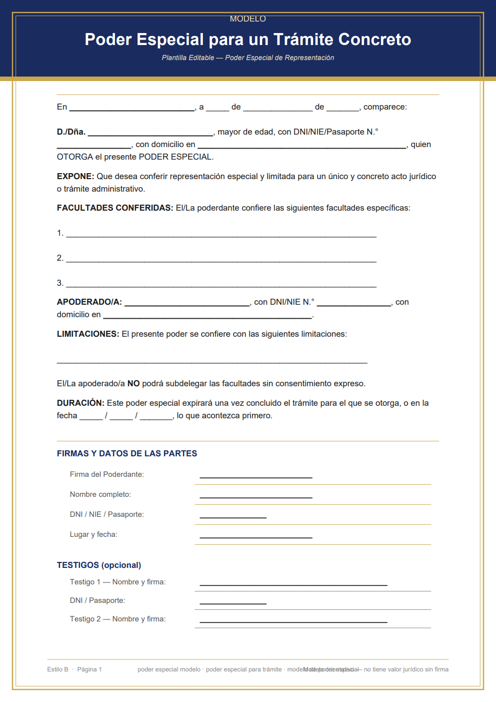 Modelo de poder especial con estructura formal y bloque notarial — diseño clásico azul marino