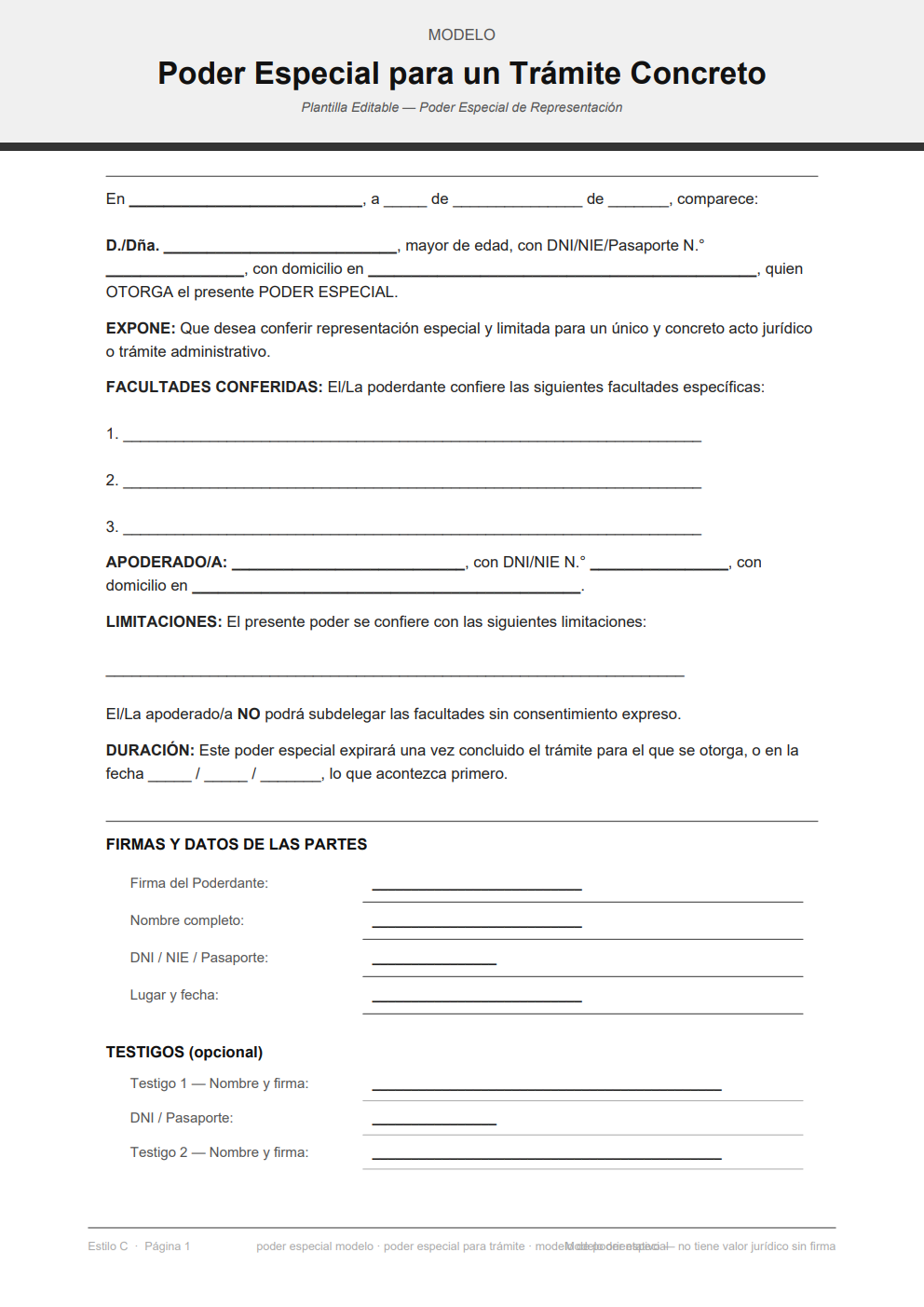 Poder especial para un único acto jurídico con apartados editables — diseño minimalista