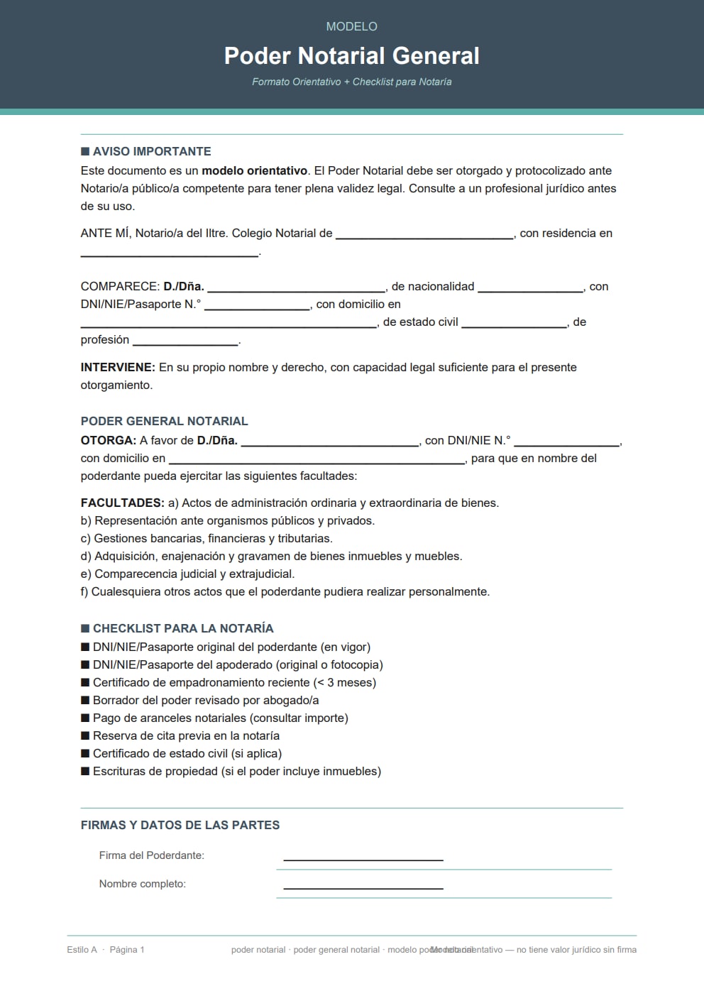 Modelo poder notarial general con checklist de documentación para notaría — diseño moderno