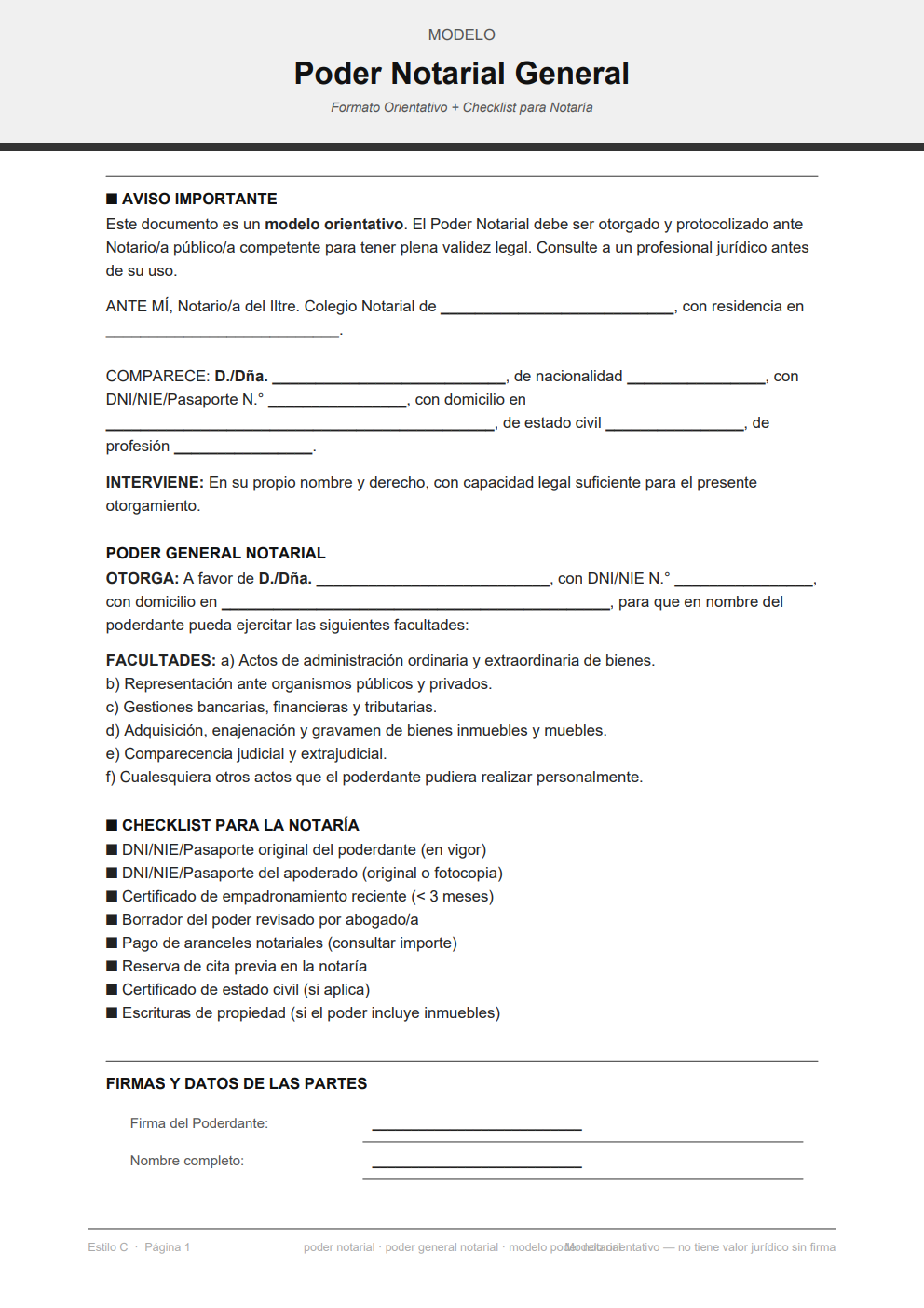 Modelo poder notarial con checklist y bloque de sello notarial — diseño minimalista