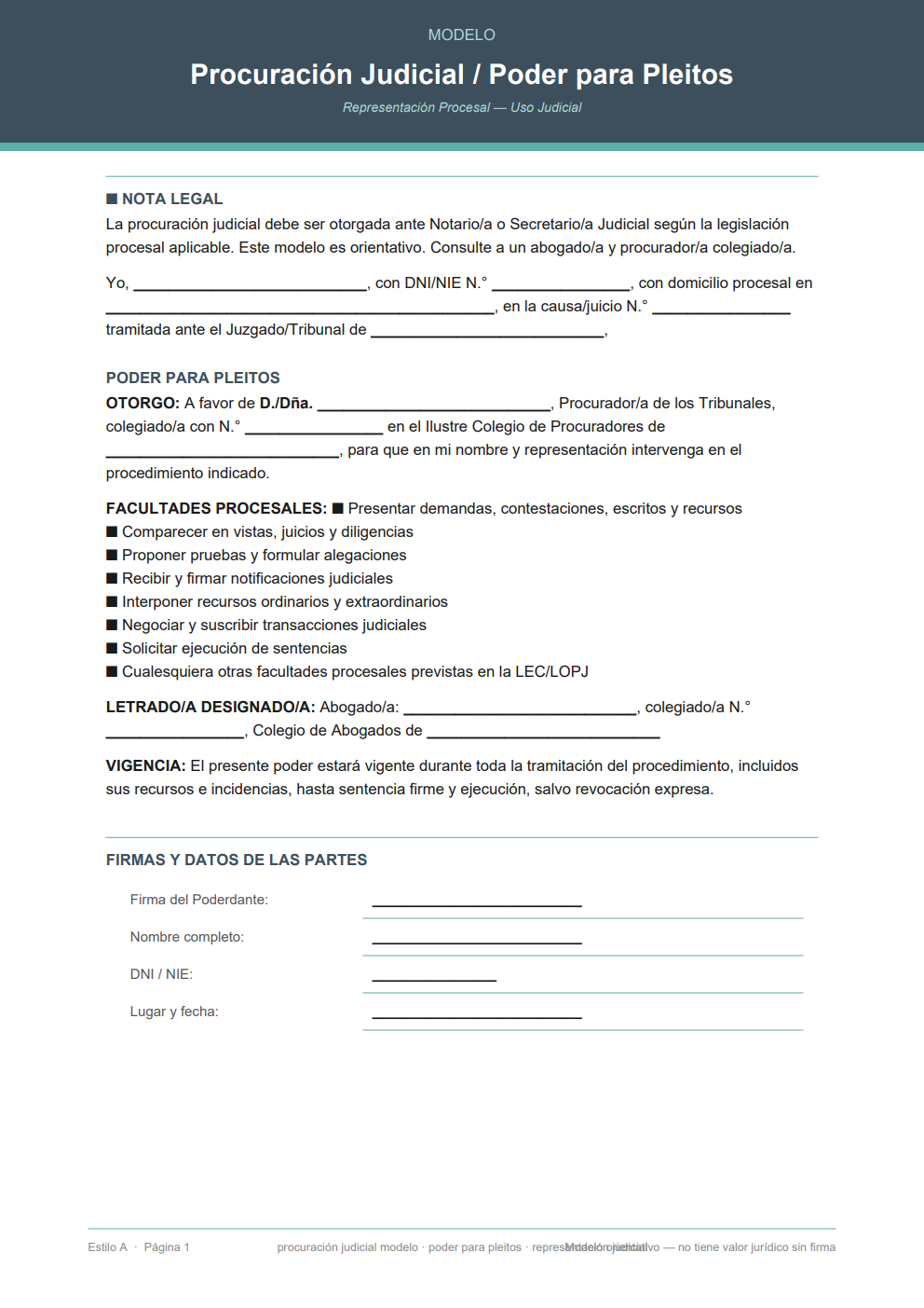 Modelo procuración judicial con facultades procesales y datos del juzgado — diseño moderno