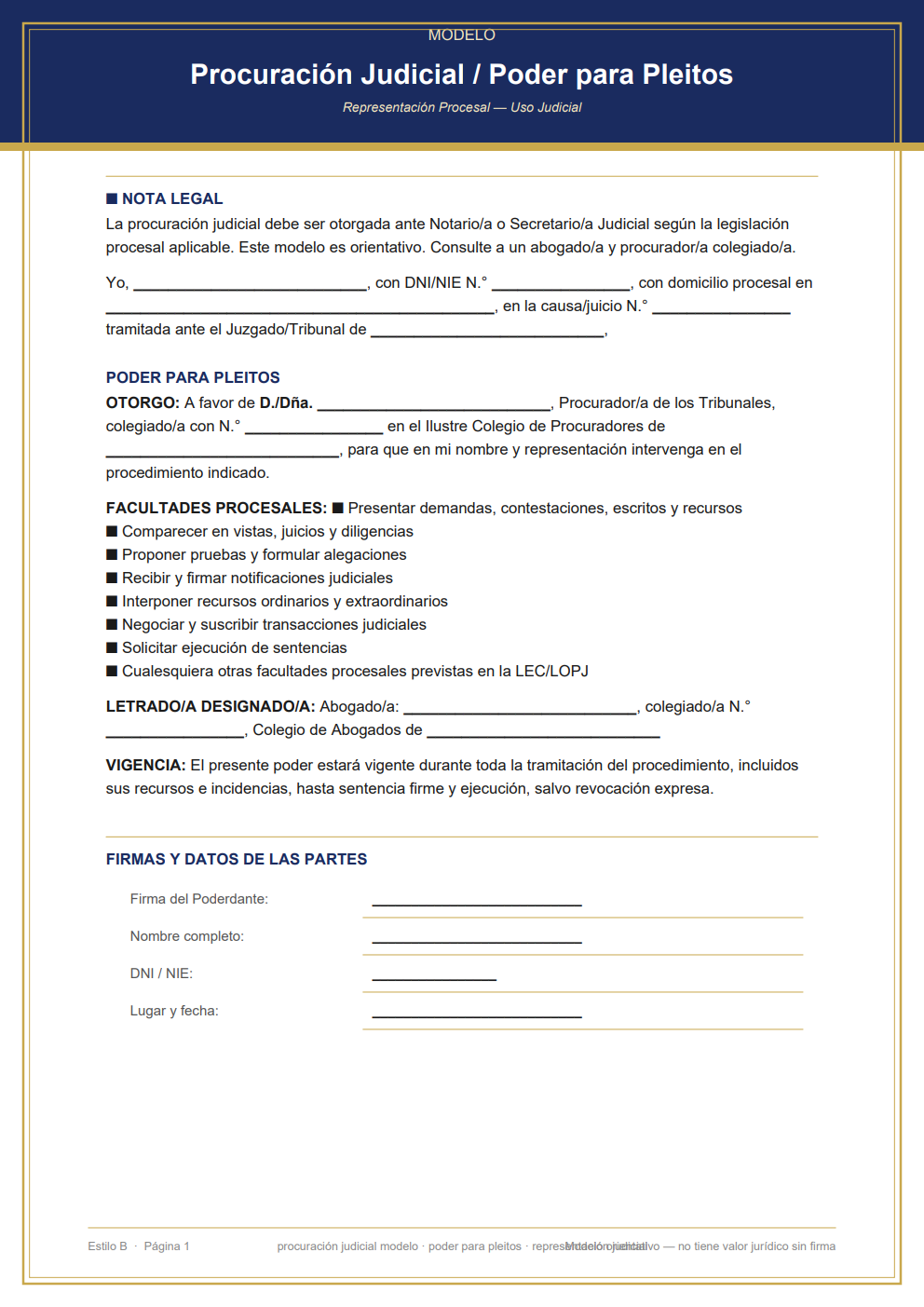 Poder para pleitos con lista de facultades LEC/LOPJ y bloque notarial — diseño clásico azul marino