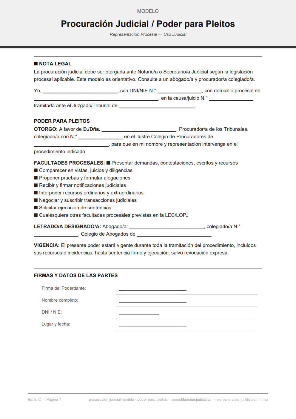 Modelo representación judicial con procurador y datos del procedimiento — diseño minimalista
