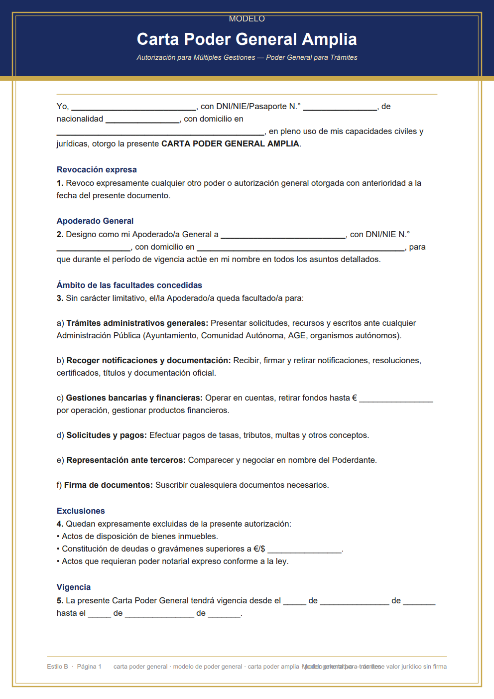 Modelo poder general para trámites con exclusiones expresas y vigencia definida — diseño clásico dorado