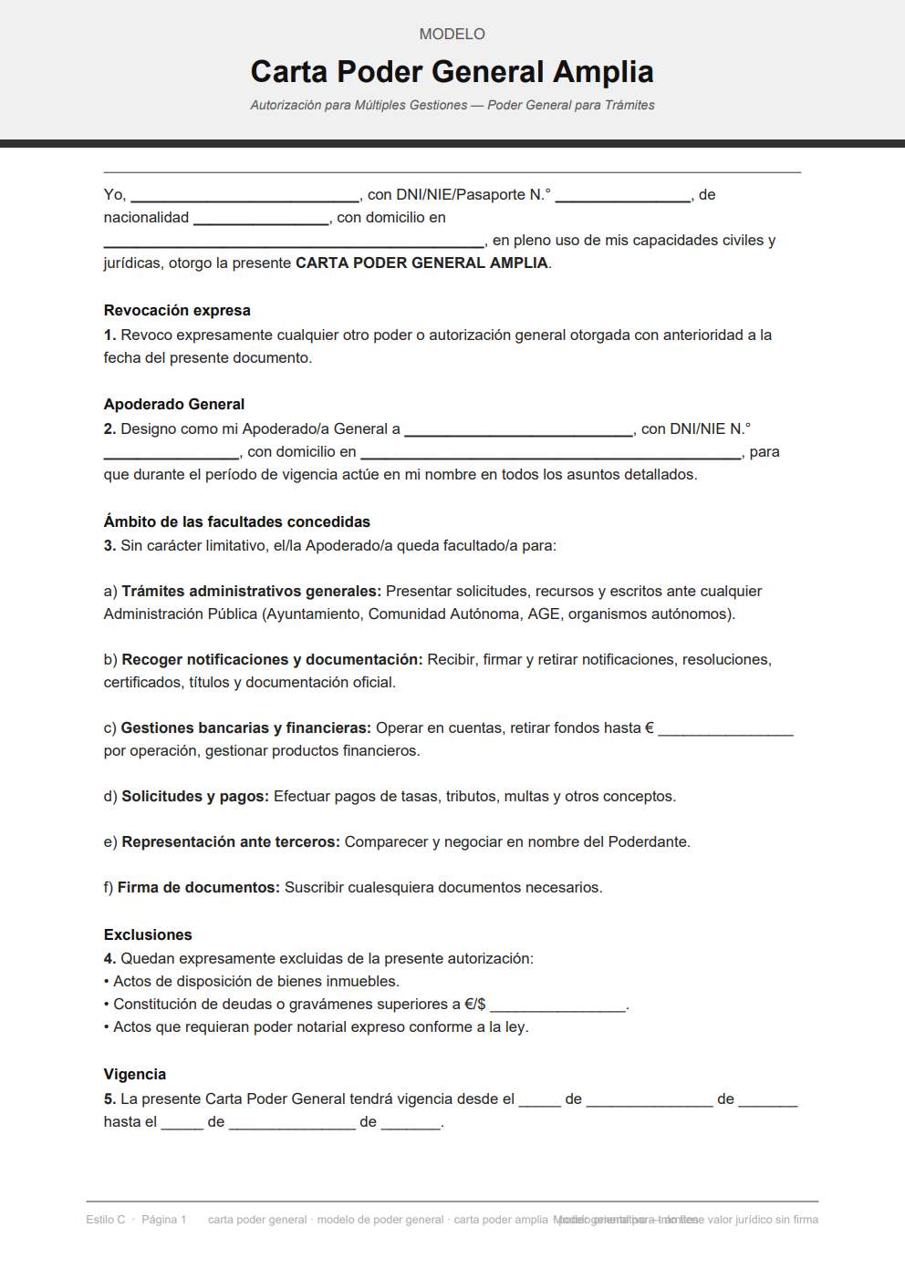 Carta poder amplia para varias gestiones con límite económico y cláusula de exclusiones — diseño minimalista
