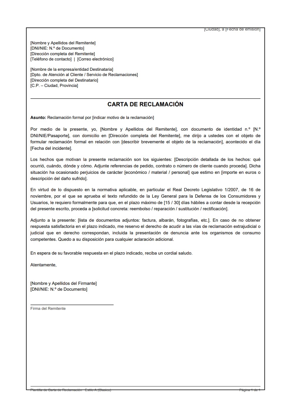 Plantilla de carta de reclamación general estilo clásico en blanco y negro A4